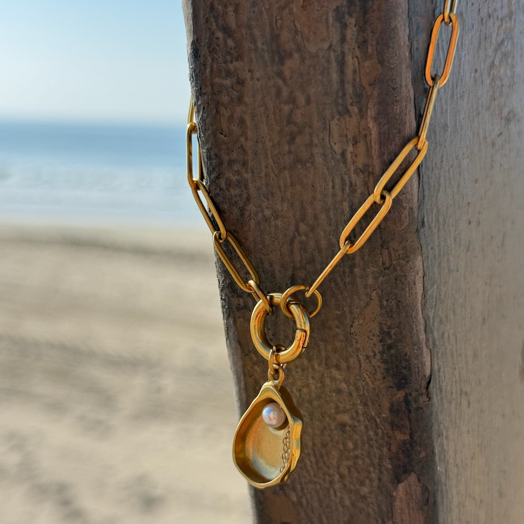 18k Gold Stainless Pearl Charm Holder Necklace + Bracelet Set