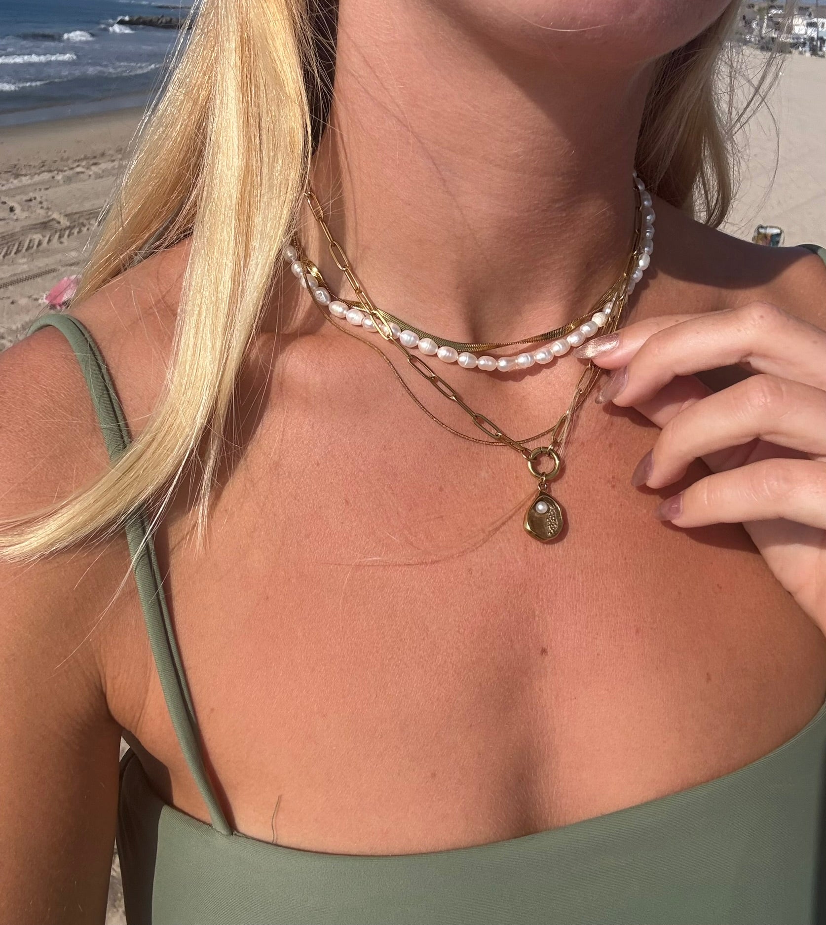 18k Gold Stainless Pearl Charm Holder Necklace + Bracelet Set