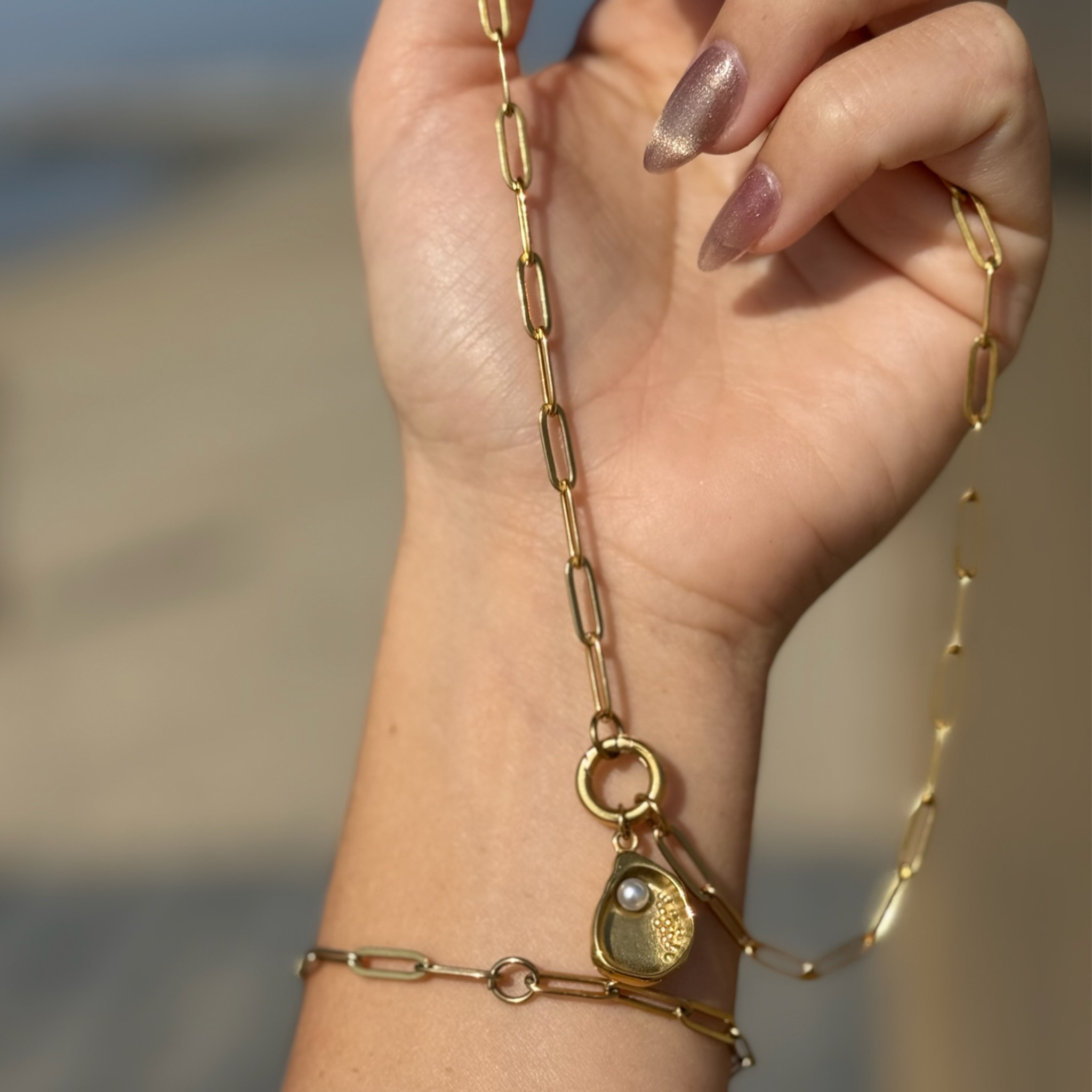 18k Gold Stainless Pearl Charm Holder Necklace + Bracelet Set