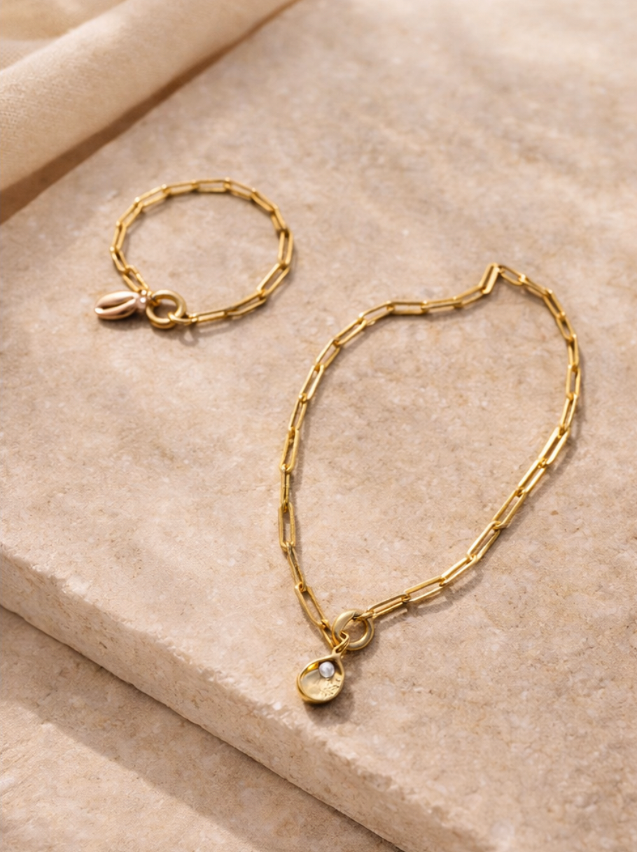 18k Gold Stainless Pearl Charm Holder Necklace + Bracelet Set